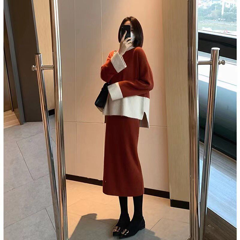 高级感超好看毛衣女秋冬小个子慵懒风套装红色打底毛衣裙显瘦厚款