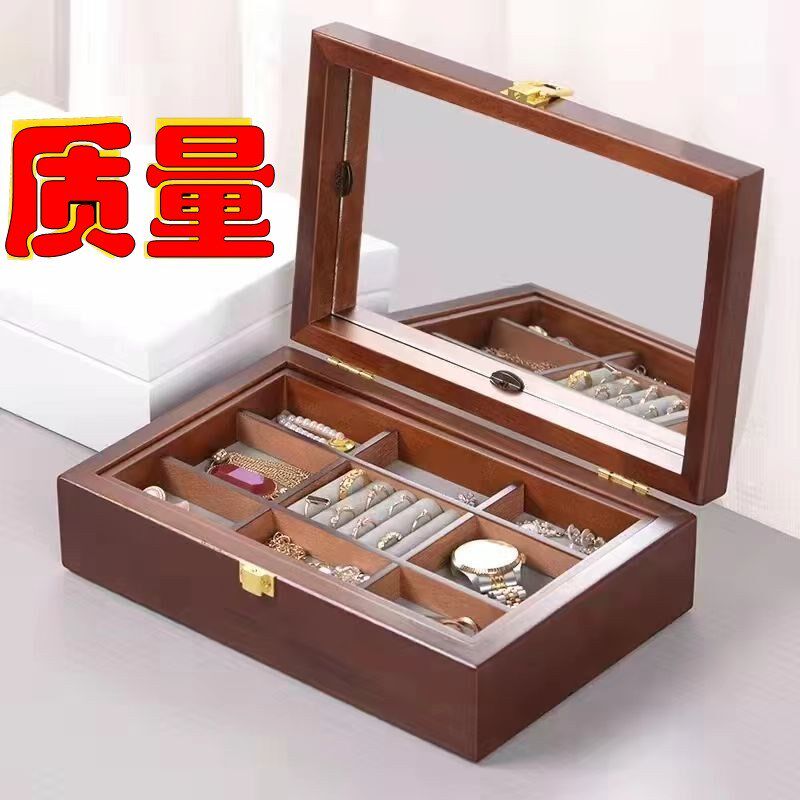 实木首饰盒桌面戒指挂饰收纳盒欧式盒奢饰品储物盒便携带镜化妆盒