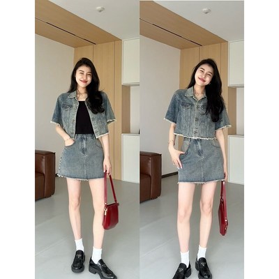 张阿星【巴尔干牛仔】2024港风复古辣妹牛仔衣+A字遮胯显瘦半身裙