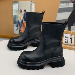 炸街时髦套筒一脚蹬短靴女2024秋冬新款 百搭显瘦小个子增高烟筒靴