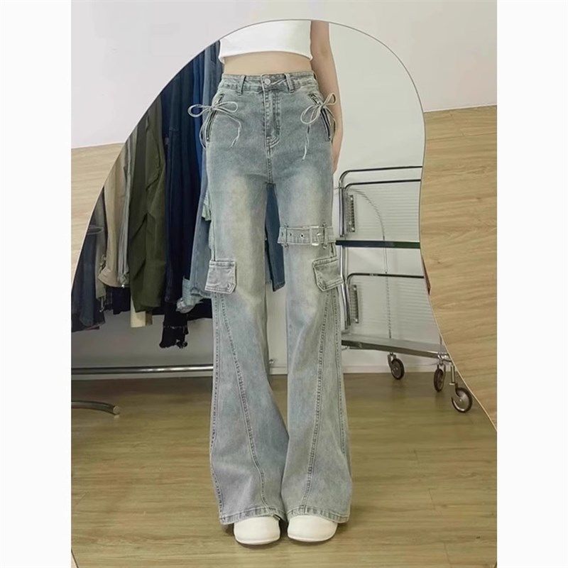美式复古微喇叭牛仔裤女夏季新款设计感系带拼接修身显瘦工装长裤,女装/女士精品,卫裤,淘宝优惠券,粉丝福利购,淘宝优惠卷