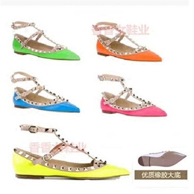 春季黑色尖头单鞋女士真皮裸色平底浅口铆钉鞋子绑带平跟漆皮女鞋