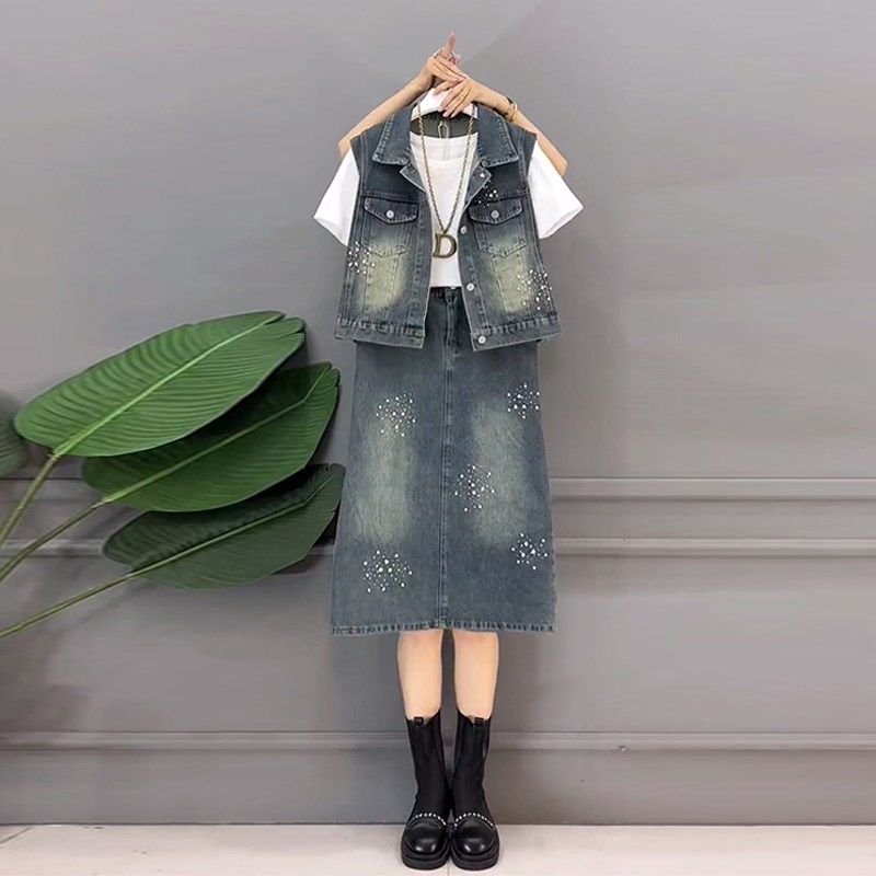 大码女装翻领马甲半身裙亮钻牛仔两件套胖妹妹秋季款欧货休闲套装,女装/女士精品,大码套装,淘宝优惠券,粉丝福利购,淘宝优惠卷