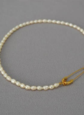 日韩淡水米粒珍珠创意别针锁扣设计简约时尚优雅气质锁骨链项链女