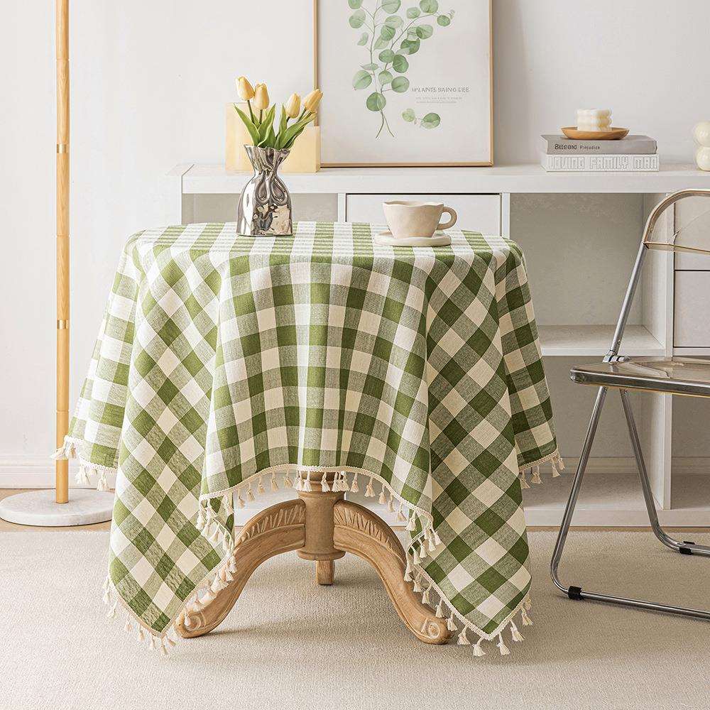 新款格子仿棉麻桌布北欧风流苏格纹餐桌布长方形茶几盖布方格台布