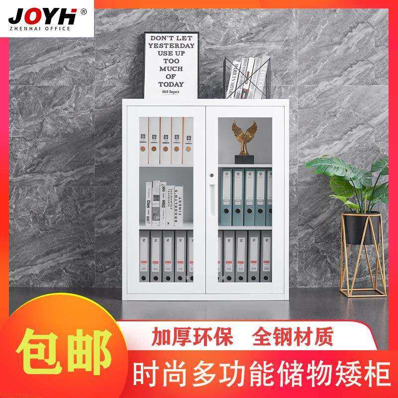 震海文件柜落地矮柜办公室资料柜玻璃门钢制隔断柜白色移动档案柜