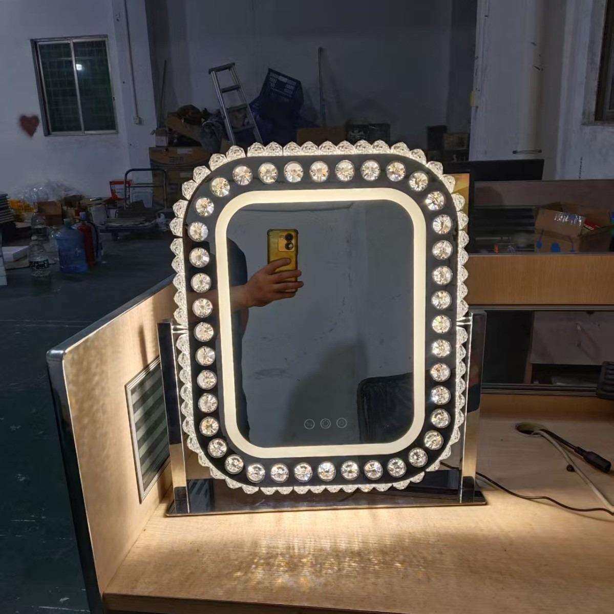 LED水晶化妆镜欧美梳妆台式镜360旋转充电磨砂法式智能台灯镜