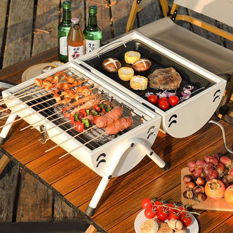 便携户外烧烤炉便携式圆筒双面烤肉烤串家用网红室内木炭烧烤架子