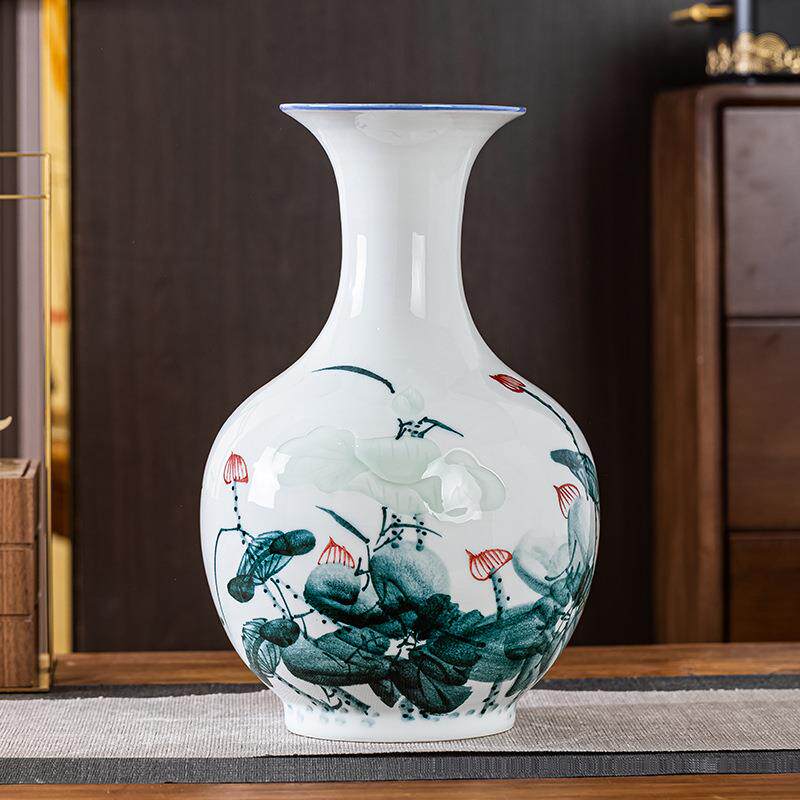景德镇陶瓷新中式手绘荷花水培插花器客厅酒柜装饰品摆件玄关摆设