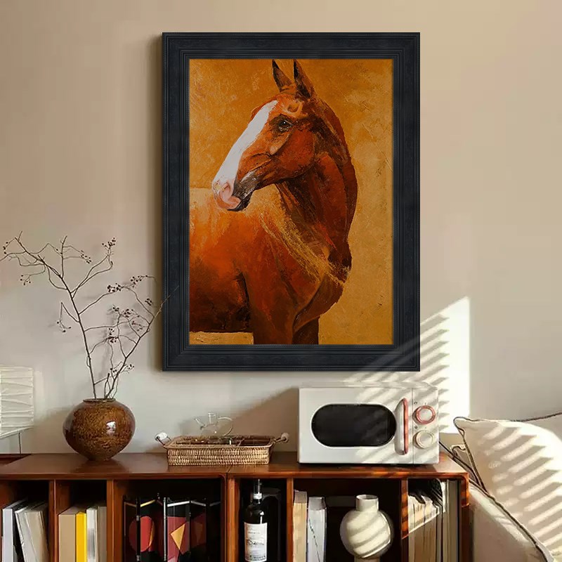 中古风抽象骏马手绘油画客厅装饰画美式马到成功茶室书房玄关挂画图片