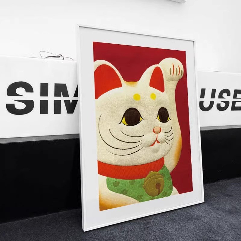 日式原木风招财猫装饰画喜庆商场店铺挂画好寓意玄关客厅艺术壁画图片