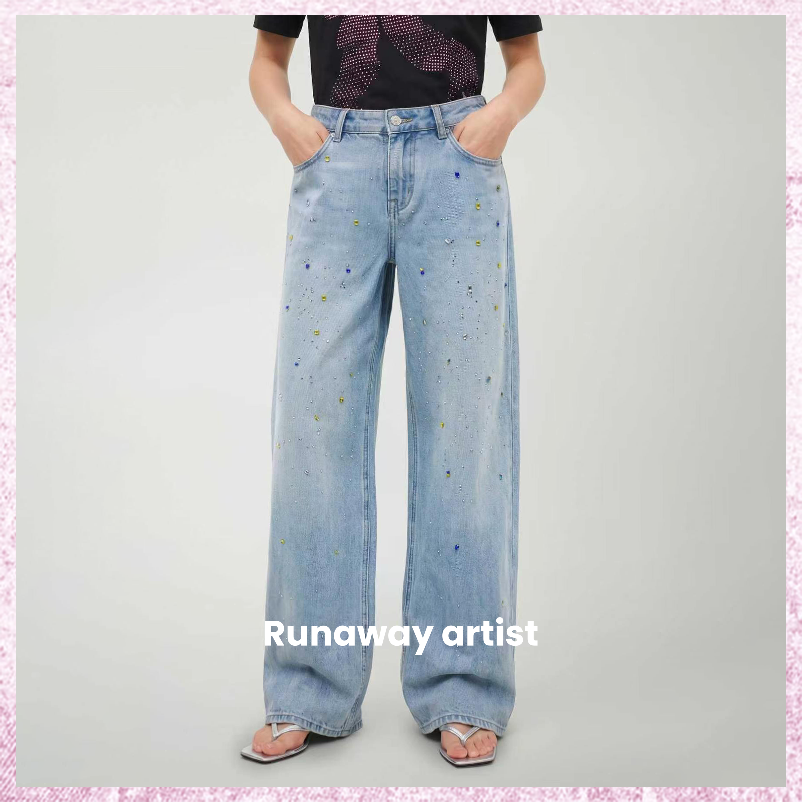 【胡可同款】Runaway artist原创设计重工手缝彩钻钻石天丝牛仔裤