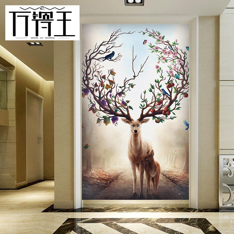 玄关背景墙瓷砖3D现代简约过道走廊瓷砖壁画餐厅墙欧式 森林麋鹿