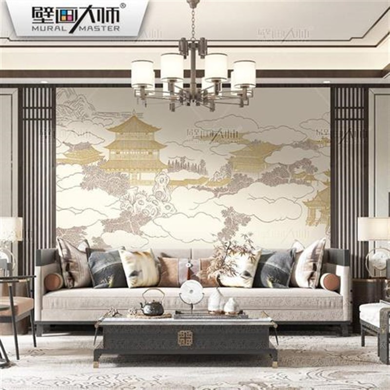 新中式楼阁壁纸h山水壁布电视背景墙纸硬包壁画饭店客餐厅装饰墙
