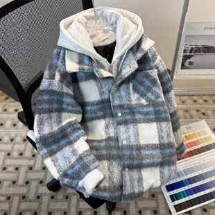美式假两件格纹外套男款秋冬季新款国潮加厚保暖复古毛呢连帽夹克