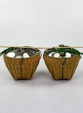 竹编摆件摆设精编竹制品迷你竹稻箩一个扁担两个箩居家摆设收藏品