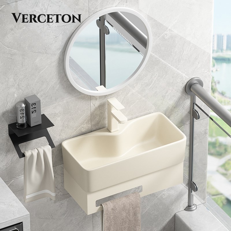 奶油色挂墙式不锈钢支架盆组合小户型阳台L壁挂式陶瓷洗手洗脸吊