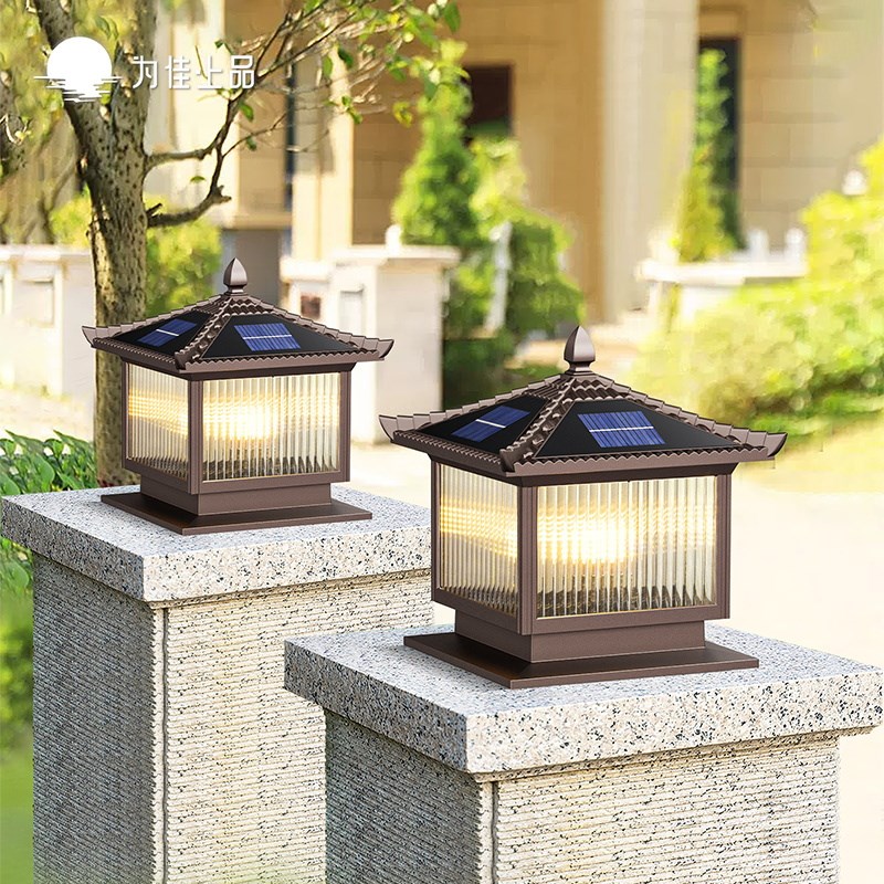 大门两侧柱子灯太阳能户外庭院别墅围墙柱K头中式院子大门口门柱