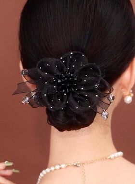 时尚好看的扎头i绳气质欧根纱大肠发圈黑色低丸子头盘发神器头花