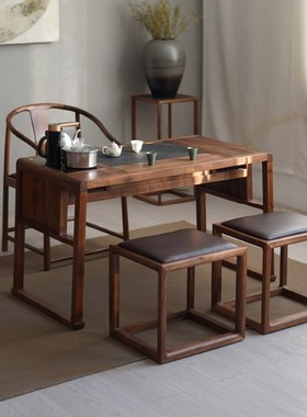 阳台组合茶桌新中式茶台禅意烧水壶台F黑胡桃实木乌金石案茶室家