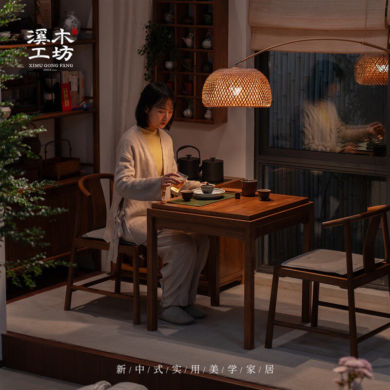 新中式实a木阳台茶桌家用小型茶几现代简约榆木小茶台岩板方茶桌