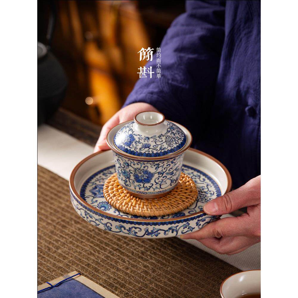 马蹄铁盖碗茶杯青花茶陶瓷壶功夫茶套装汝瓷悬停汝窑三彩单杯