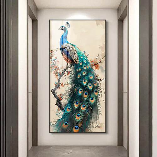 玄关装饰画竖版走廊过道挂画中国风入户客厅正对门墙画孔雀壁画