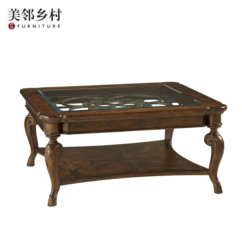 美式乡村复古做旧正方形茶几精致Fine钢化玻璃茶水桌沙发桌定制