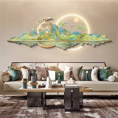 千里江山图客厅装饰画带灯新中式沙发背景墙挂画山水风景发光壁画