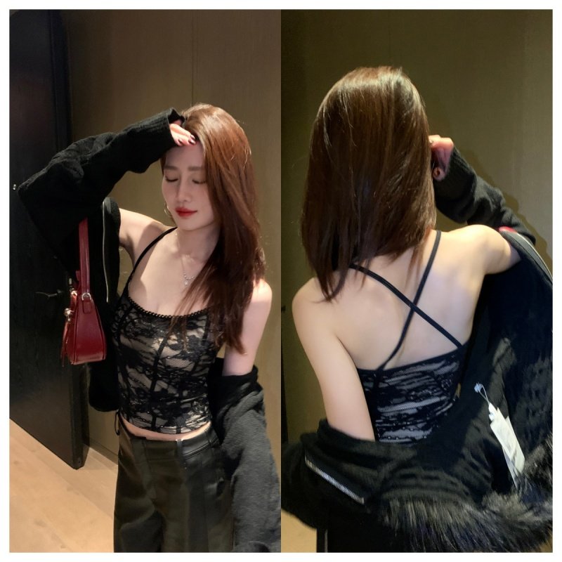 秋冬新款纯欲风蕾丝固定杯带胸垫交叉美背吊带背心女内搭外穿上衣,女装/女士精品,背心吊带,淘宝优惠券,粉丝福利购,淘宝优惠卷