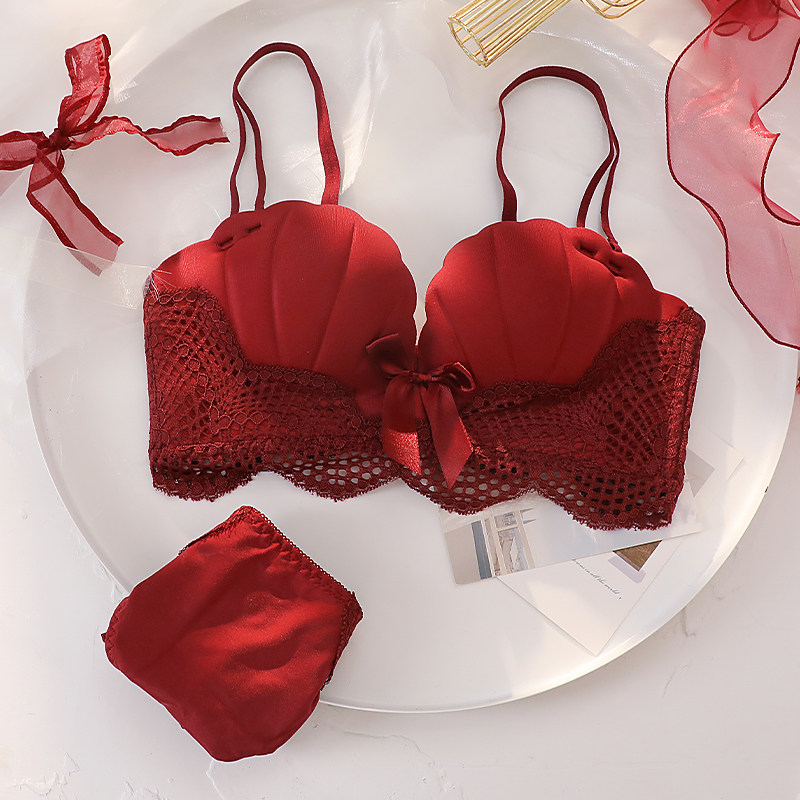 兰娥性感蕾丝贝壳杯少女内衣无钢圈小胸聚拢本命年红色文胸罩套装
