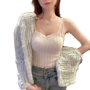 大码带胸垫辣妹外穿上衣女白色蕾丝内搭美背文胸一体小吊带背心夏