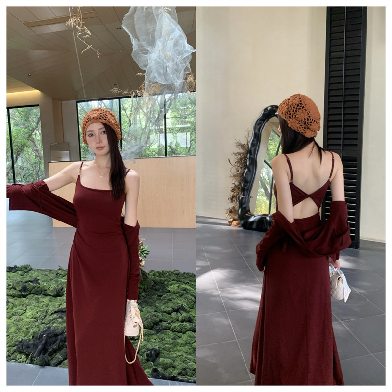 【单裙子】高腰带胸垫连衣裙女春秋收腰显瘦内搭纯色过膝长裙子