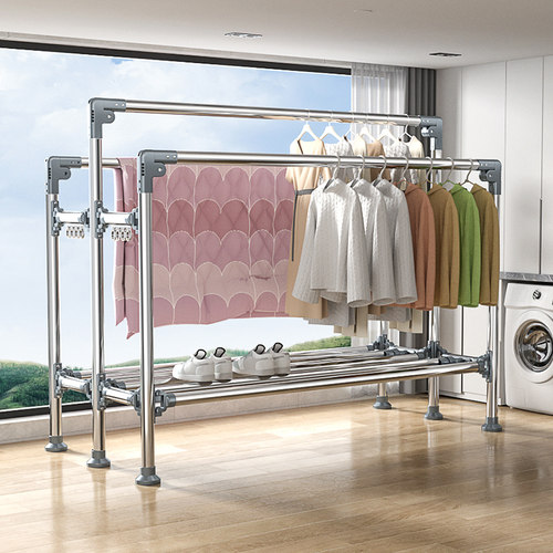 不锈钢晾衣架落地k家用阳台晾衣杆室内双杆式晒衣架子挂衣架凉衣