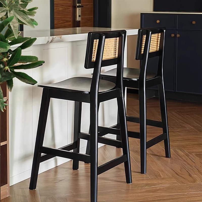 北欧复古藤编实木吧台椅岛台椅子高脚凳家用O咖啡餐厅靠背中古休