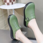 真皮包头拖鞋 休闲妈妈凉拖 厚底半拖女鞋 女夏季 外穿一脚蹬洞洞凉鞋