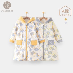 宝宝睡袍秋冬纯棉男女童连帽睡袋防踢家居服保暖拉链睡裙婴儿睡衣