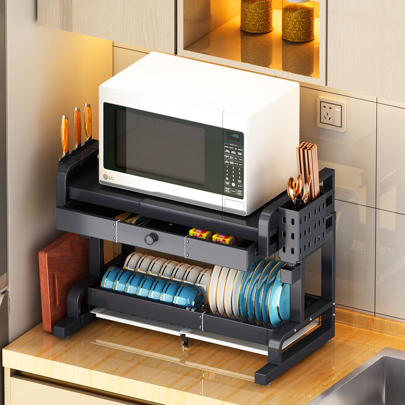 可伸缩不锈钢厨房多功能置物架橱柜下放微波炉碗碟沥水架收纳台面