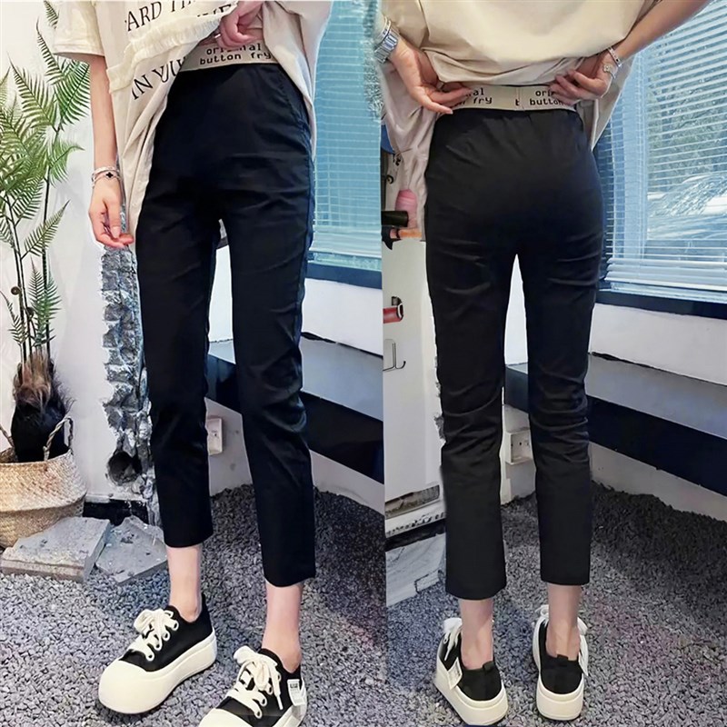 防蚊纸皮裤女字母松紧腰欧货2025夏季新款高腰显瘦休闲打底小黑裤