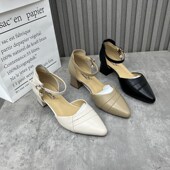 处理真皮女鞋 2024夏季 新款 断码 一字搭扣仙女风粗中跟包头女凉鞋