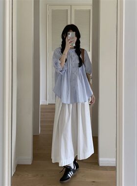 孕妇套装夏款2024新款时尚宽松甜美压褶五分泡泡袖衬衫半身裙夏季