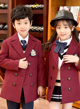 班服外套秋冬季英伦风毛呢子大衣儿童装幼儿园园服小学生校服套装