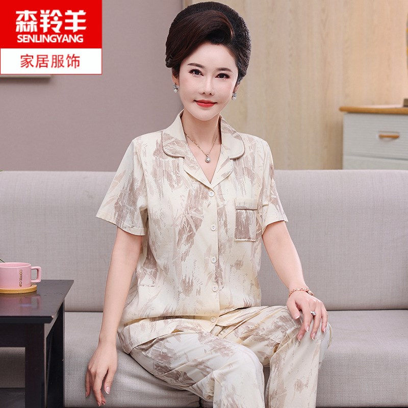 带胸垫睡衣女夏季薄款纯棉开衫短袖2025新款中老年妈妈家居服套装