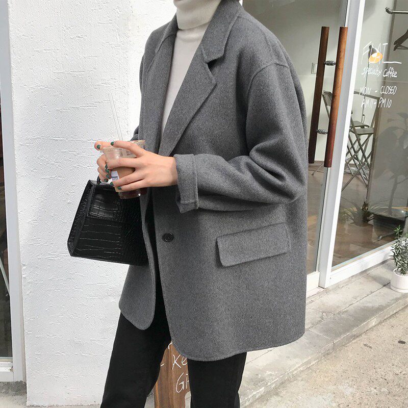 2021秋冬新西装双面呢外套短款韩版宽松灰色气质小个子羊绒大衣女