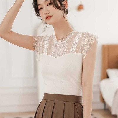 2025女夏新款网纱蕾丝镂空拼接打底衫背心女睫毛蕾丝花边短袖上衣