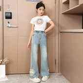 喇叭裤 女童国风牛仔裤 大童洋气时髦裤 子儿童新中式 春夏款 2024新款