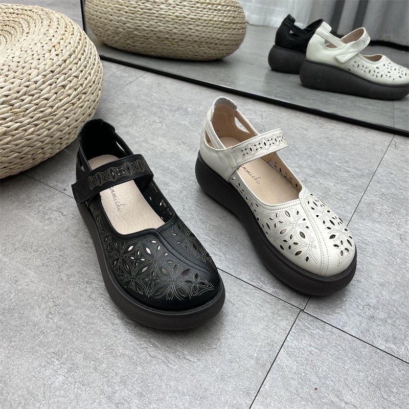 工厂断码真皮女鞋夏季新款凉席时尚舒适轻便镂空透气牛皮女单鞋