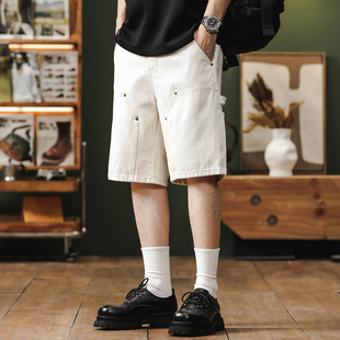 白色牛仔五分短裤男款美式夏季宽松大码户外伐木纯色水洗休闲中裤