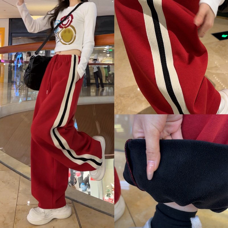 33692加绒加厚卫裤女重工织带棉加绒休闲裤2025年新款撞色直筒裤