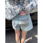 夏季 小个子潮 百搭a字热裤 时髦刺绣编织口袋牛仔短裤 女高腰阔腿裤
